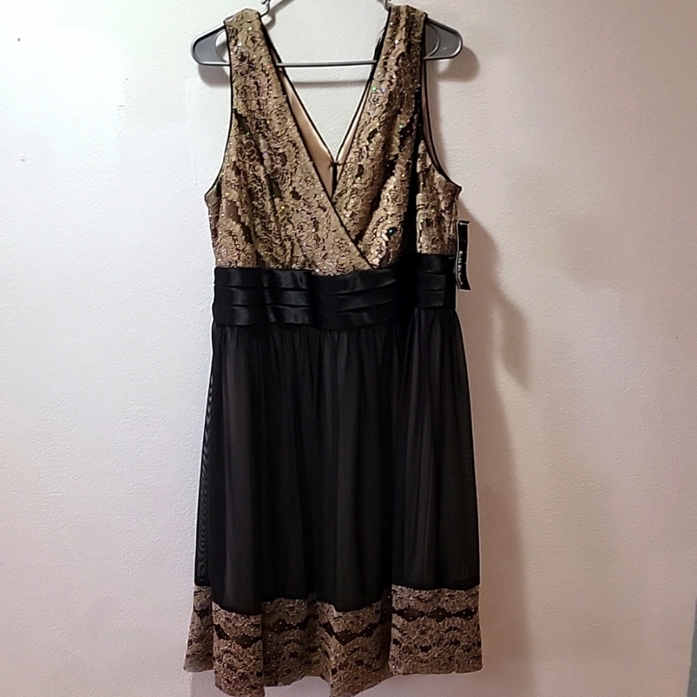 R&M Richards Gold and Black Lace Cocktail Dress